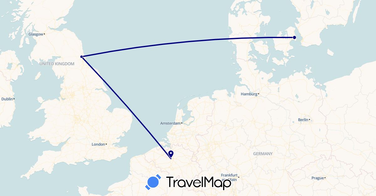 TravelMap itinerary: driving in Belgium, Denmark, United Kingdom (Europe)